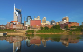 Nashville downtown skyline with the Cumberland River in the foreground